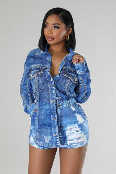 Denim Short Set with Long Sleeve Button-Up showing coordinated top and shorts construction