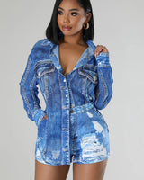 Denim Short Set with Long Sleeve Button-Up front view showing complete two piece short set
