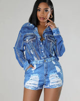 Denim Short Set with Long Sleeve Button-Up close up of long sleeve top design and fabric detail