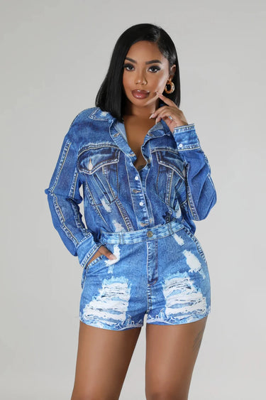 Denim Short Set with Long Sleeve Button-Up close up of long sleeve top design and fabric detail