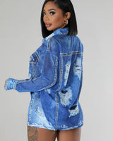 Denim Short Set with Long Sleeve Button-Up full body look paired with heels and accessories