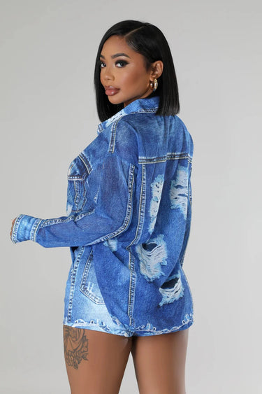 Denim Short Set with Long Sleeve Button-Up full body look paired with heels and accessories