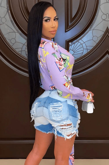 Chevron Distressed Mix Denim Shorts view 3