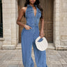 Denim halter jumpsuit for women – stylish blue jean one-piece outfit.