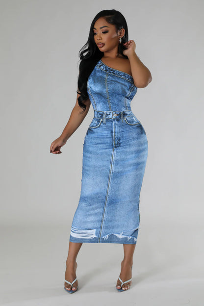 one-shoulder denim midi dress showcasing the dress's flattering fit