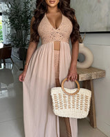Desert Bloom Crochet Chiffon Shorts Set – Peanut - tropical resort outfit for women