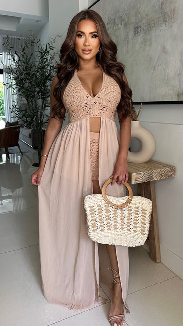 Desert Bloom Crochet Chiffon Shorts Set – Peanut - Palazzo Couture Online