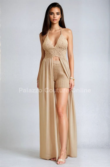 Desert Bloom Crochet Chiffon Shorts Set – Peanut - Palazzo Couture Online
