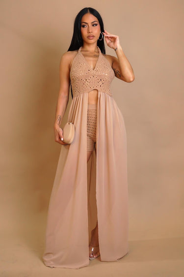 Desert Bloom Crochet Chiffon Shorts Set – Peanut - Palazzo Couture Online