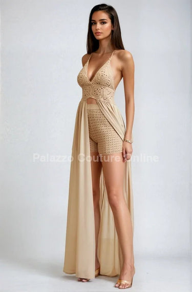 Desert Bloom Crochet Chiffon Shorts Set – Peanut - Palazzo Couture Online