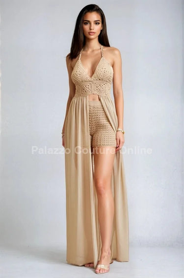 Desert Bloom Crochet Chiffon Shorts Set – Peanut - vacation cover up for women