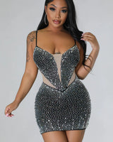 Diamond Kween Rhinestone Dress – Sheer Mesh Glam Mini close up detail of mesh design