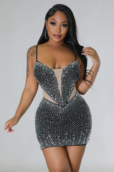 Diamond Kween Rhinestone Dress – Sheer Mesh Glam Mini close up detail of mesh design