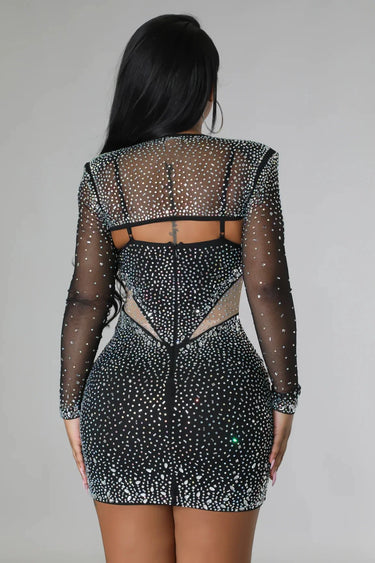 Diamond Kween Rhinestone Dress – Sheer Mesh Glam Mini showing dress construction and fit details