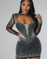 Diamond Kween Rhinestone Dress – Sheer Mesh Glam Mini front view showing mini dress silhouette
