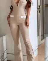 Dinner Date Beige Jumpsuit with Deep V Neckline and Flared Leg for women - stylish jumpsuit by Palazzo Couture