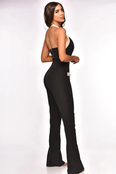 Dinner Date Black Jumpsuit with Deep V-Neck Design - women's one-piece outfit for going out