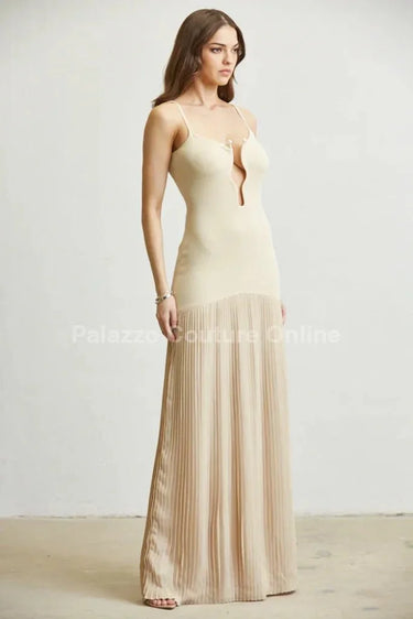 Divine Pearl Maxi Dress (Nude) close up detail of elegant design and fabric