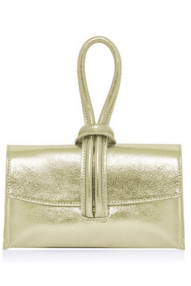 Gold leather handbag with shoulder strap and soft metallic finish