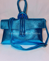 Turquoise Handbag in metallic genuine leather with top handle and shoulder strap