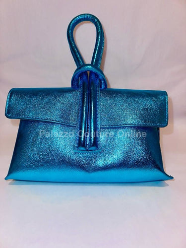 Metallic turquoise leather handbag with structured flap design