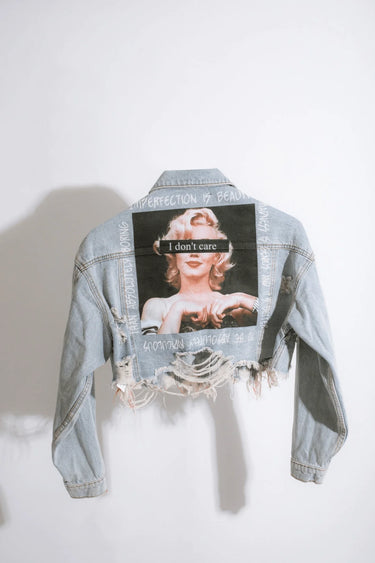 I Don’t Care Denim Jacket - Light Wash Graffiti - trendy layering piece for women