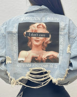 I Don’t Care Denim Jacket - Light Wash Graffiti for women - stylish outerwear by Palazzo Couture