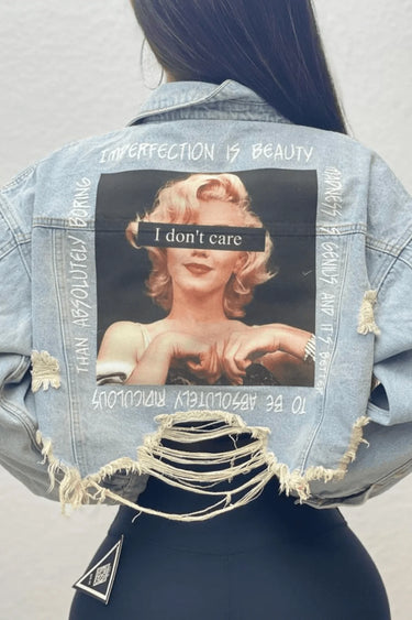 I Don’t Care Denim Jacket - Light Wash Graffiti for women - stylish outerwear by Palazzo Couture