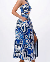 Don't Settle For Less Skirt Set (Blue) close up of matching top design and fabric