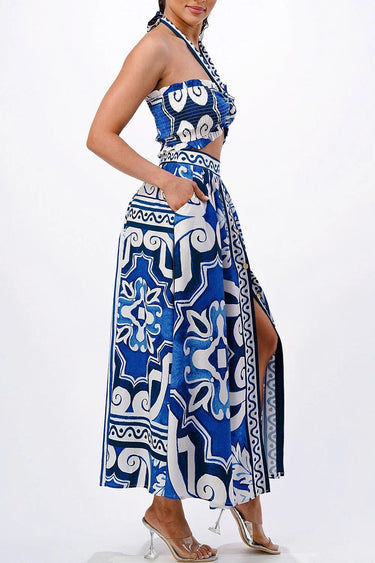 Don't Settle For Less Skirt Set (Blue) close up of matching top design and fabric