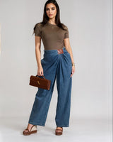 Draped Denim Wrap Trousers - Blue - Palazzo Couture Online