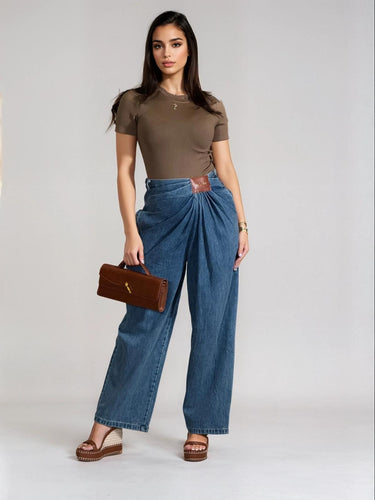 Draped Denim Wrap Trousers - Blue - Palazzo Couture Online