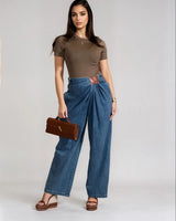 Draped Denim Wrap Trousers - Blue front view showing pants fit and silhouette