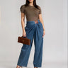 Draped Denim Wrap Trousers - Blue front view showing pants fit and silhouette