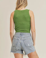 Drawstring Knit Tank Top - Basil - stylish going out top