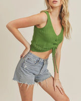 Drawstring Knit Tank Top - Basil - women's sleeveless top