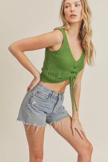 Drawstring Knit Tank Top - Basil - women's sleeveless top