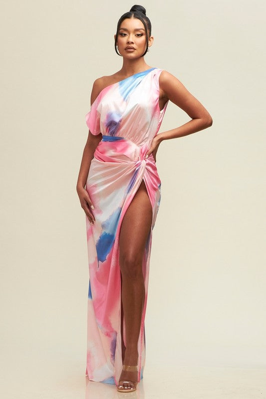 Obsessed One Shoulder Drape Maxi Dress (Pink/Blue)