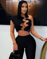 Edgy Hooked Cut - Out Crop Top - Black - Palazzo Couture Online