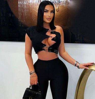 Edgy Hooked Cut - Out Crop Top - Black - Palazzo Couture Online