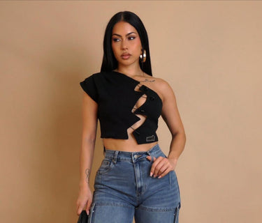 Edgy Hooked Cut - Out Crop Top - Black - Palazzo Couture Online