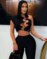 Edgy Hooked Cut-Out Crop Top - Black - women's cropped top