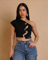 Edgy Hooked Cut-Out Crop Top - Black for women - crop top by Palazzo Couture