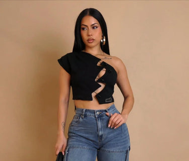 Edgy Hooked Cut-Out Crop Top - Black for women - crop top by Palazzo Couture