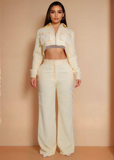 Effortlessly Luxe Cropped Cargo Jacket & Wide - Leg Pant Set - Palazzo Couture Online