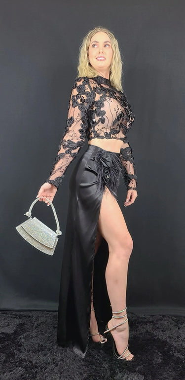 Elegant Floral Appliqué Skirt and Top Set (Black) close up of floral top design and fabric