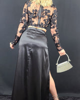 Elegant Floral Appliqué Skirt and Top Set (Black) - Palazzo Couture Online
