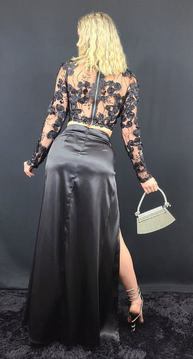 Elegant Floral Appliqué Skirt and Top Set (Black) - Palazzo Couture Online