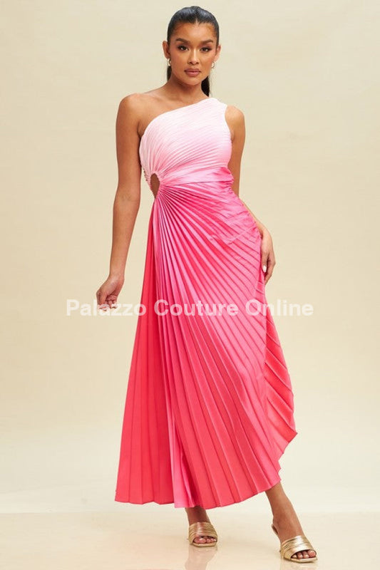 A pleated midi dress featuring a pink ombre effect transitioning from white to deep pink with a one-shoulder design.
