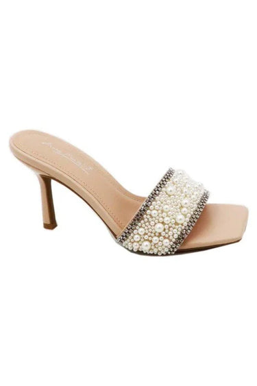 Elegant Pearl Slide Sandals – Nude Heeled Women’s Slides - front view